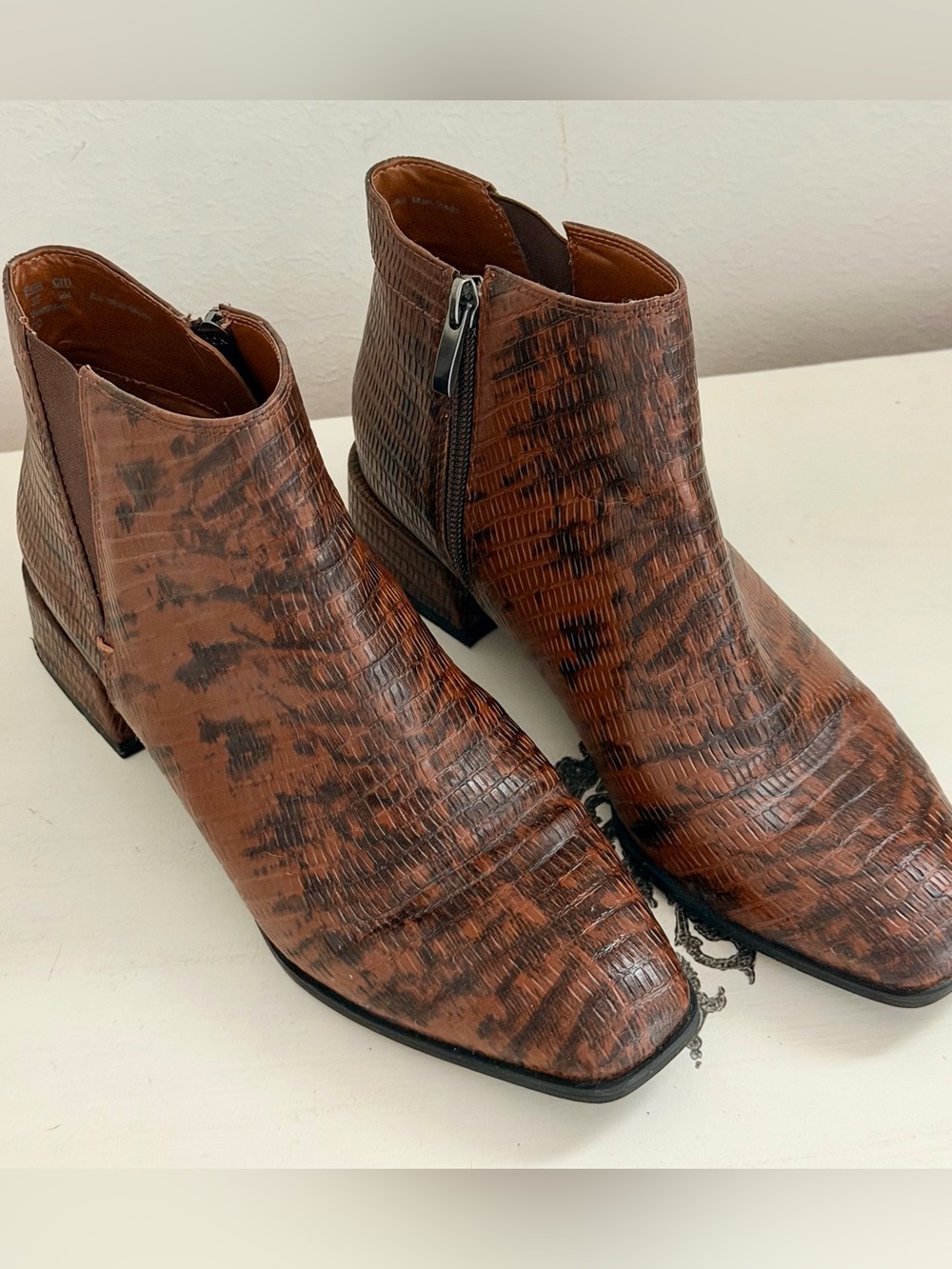 Franco Sarto Croc-Embossed Brown Ankle Booties
